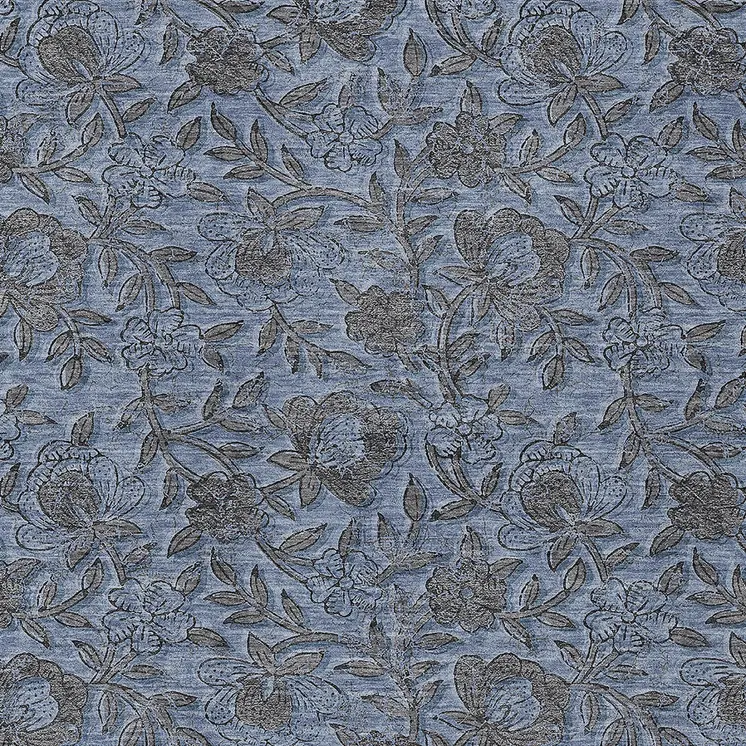 10' X 14' Blue Gray And Charcoal Floral Washable Indoor Outdoor Area Rug