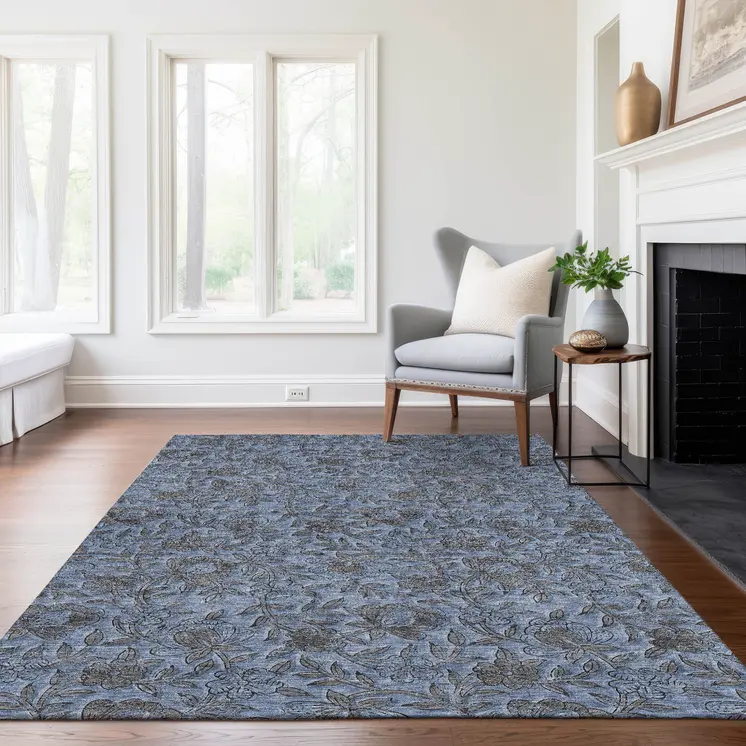 10' X 14' Blue Gray And Charcoal Floral Washable Indoor Outdoor Area Rug