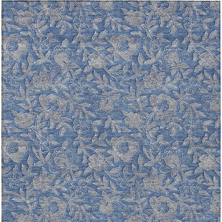 3' X 5' Denim Blue And Taupe Floral Washable Indoor Outdoor Area Rug