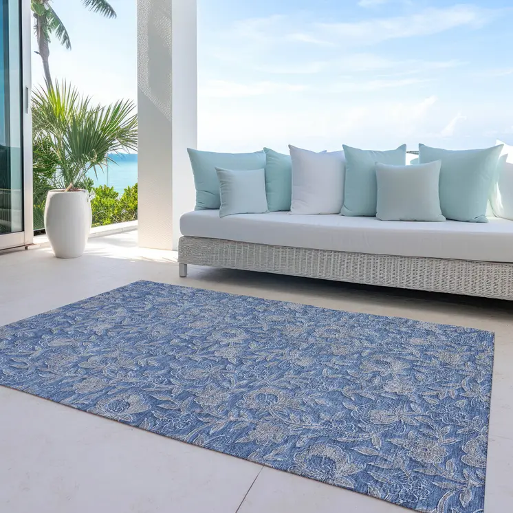 3' X 5' Denim Blue And Taupe Floral Washable Indoor Outdoor Area Rug