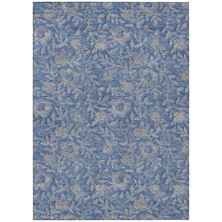 3' X 5' Denim Blue And Taupe Floral Washable Indoor Outdoor Area Rug