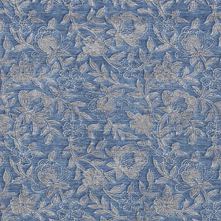 3' X 5' Denim Blue And Taupe Floral Washable Indoor Outdoor Area Rug