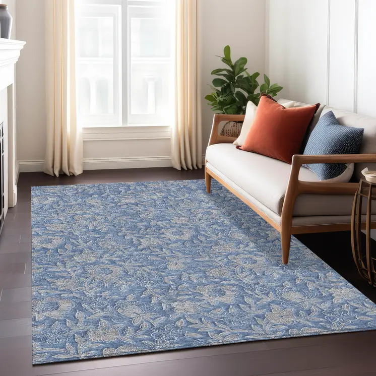 3' X 5' Denim Blue And Taupe Floral Washable Indoor Outdoor Area Rug