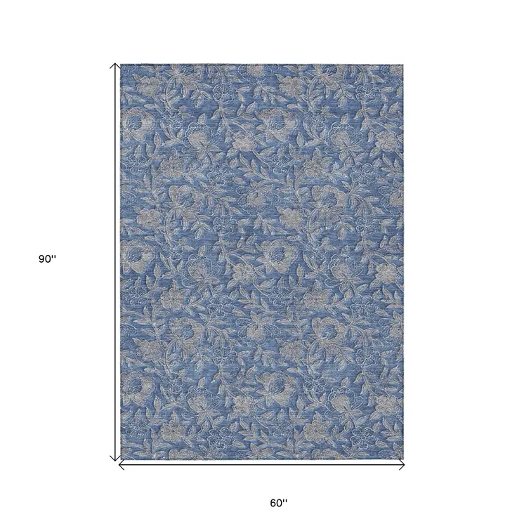 5' X 8' Denim Blue And Taupe Floral Washable Indoor Outdoor Area Rug