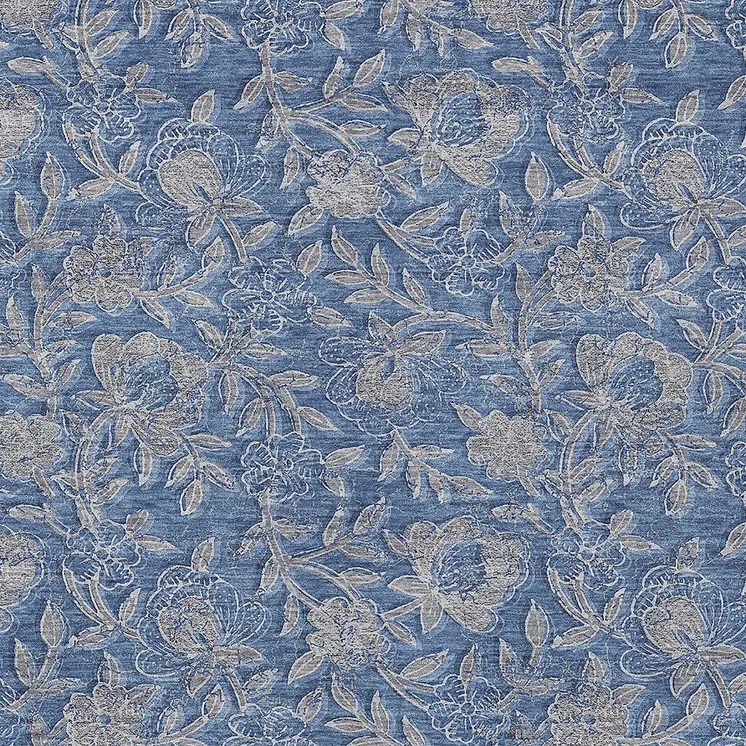 5' X 8' Denim Blue And Taupe Floral Washable Indoor Outdoor Area Rug