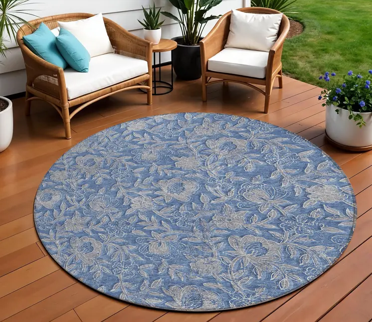 8' Denim Blue And Taupe Round Floral Washable Indoor Outdoor Area Rug