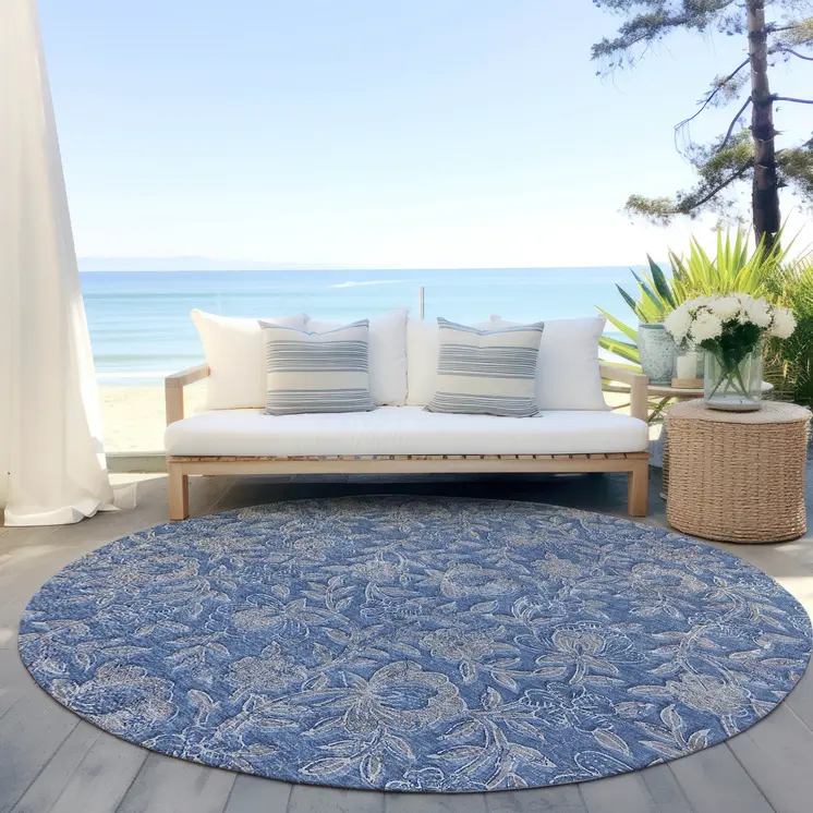 8' Denim Blue And Taupe Round Floral Washable Indoor Outdoor Area Rug