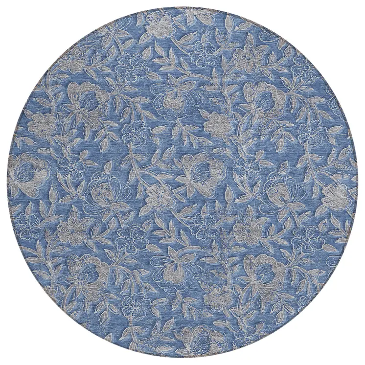 8' Denim Blue And Taupe Round Floral Washable Indoor Outdoor Area Rug