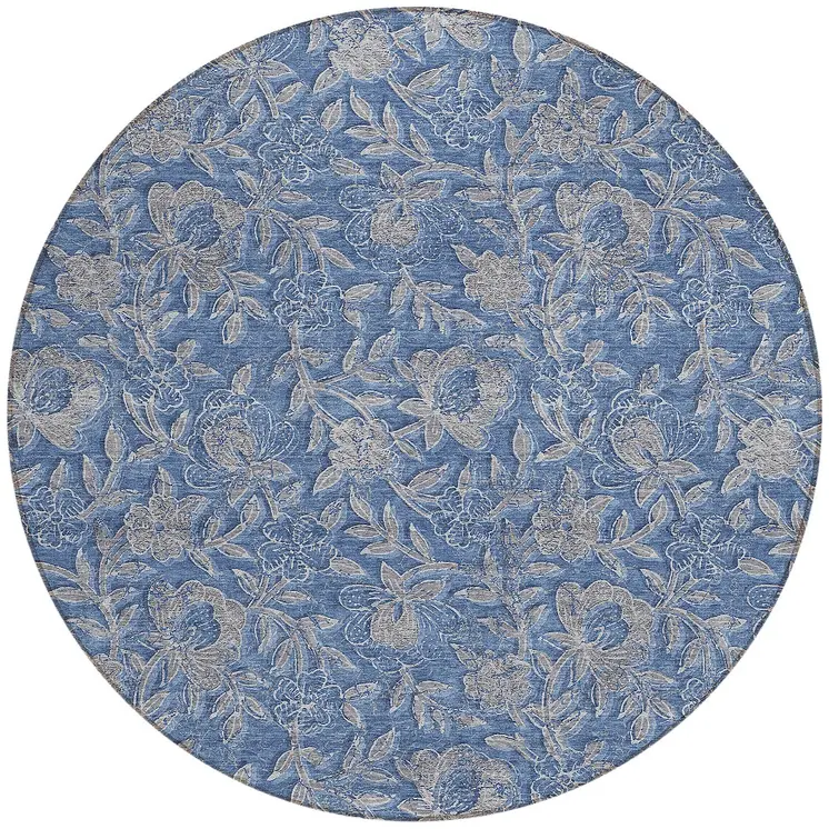 8' Denim Blue And Taupe Round Floral Washable Indoor Outdoor Area Rug