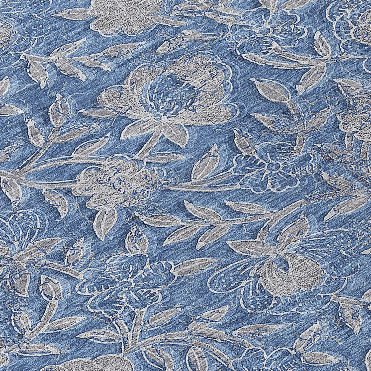 8' Denim Blue And Taupe Round Floral Washable Indoor Outdoor Area Rug