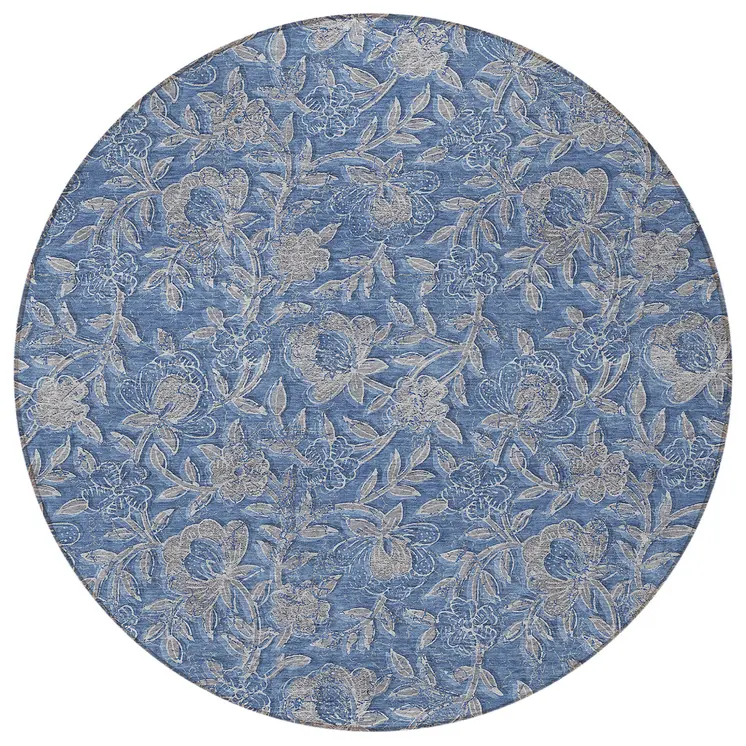 8' Denim Blue And Taupe Round Floral Washable Indoor Outdoor Area Rug