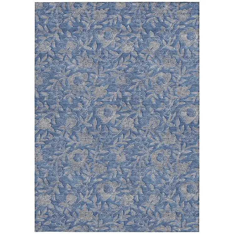8' X 10' Denim Blue And Taupe Floral Washable Indoor Outdoor Area Rug