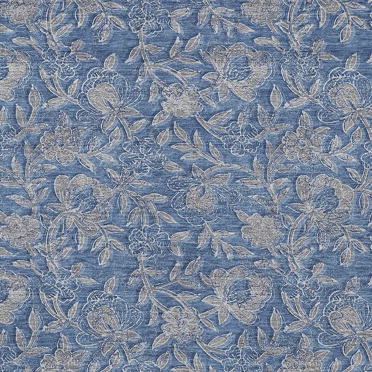 8' X 10' Denim Blue And Taupe Floral Washable Indoor Outdoor Area Rug