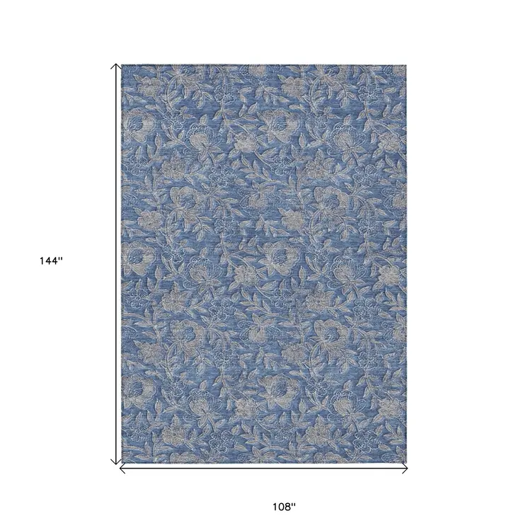9' X 12' Denim Blue And Taupe Floral Washable Indoor Outdoor Area Rug