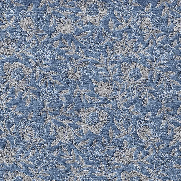 9' X 12' Denim Blue And Taupe Floral Washable Indoor Outdoor Area Rug