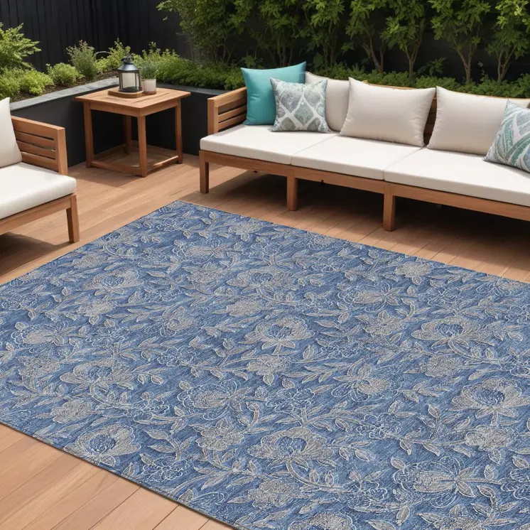 10' X 14' Denim Blue And Taupe Floral Washable Indoor Outdoor Area Rug