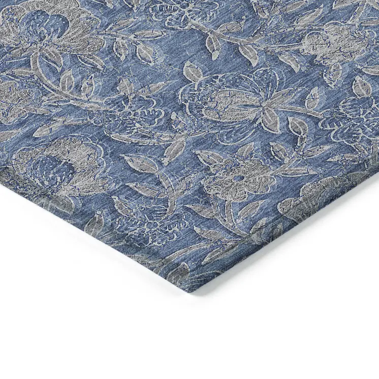 10' X 14' Denim Blue And Taupe Floral Washable Indoor Outdoor Area Rug