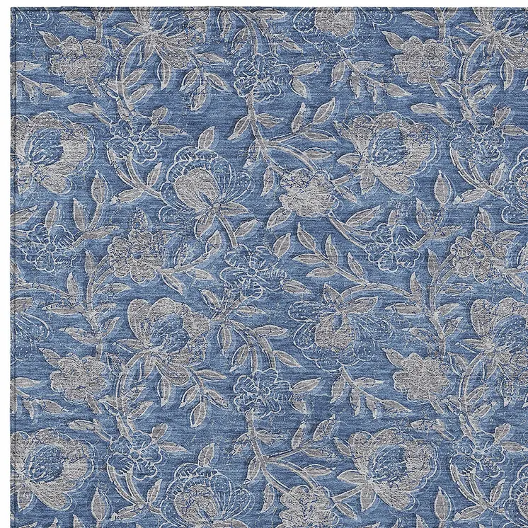 10' X 14' Denim Blue And Taupe Floral Washable Indoor Outdoor Area Rug