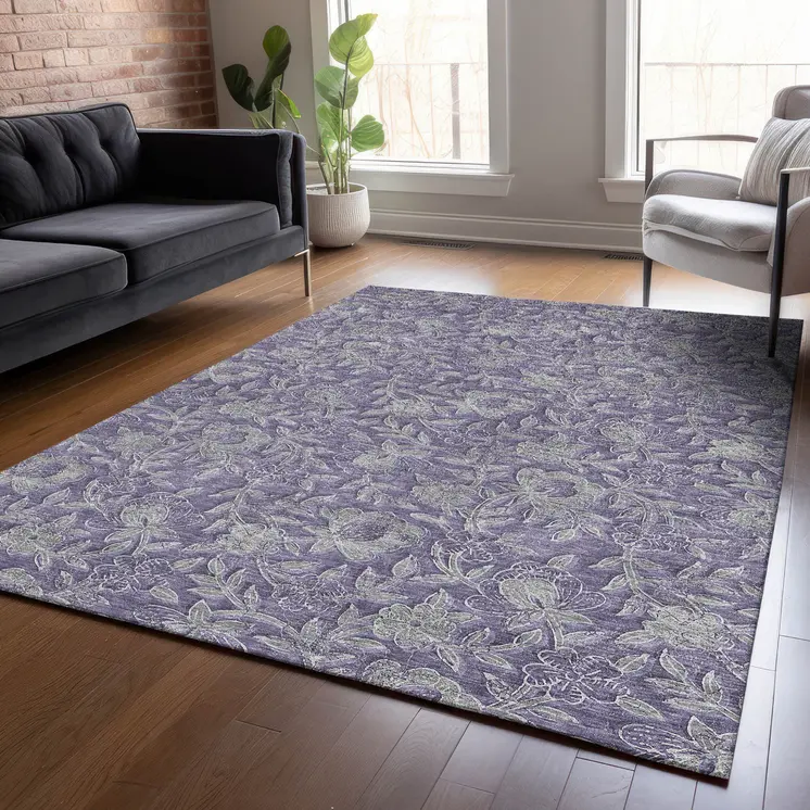 3' X 5' Eggplant Purple And Gray Floral Washable Indoor Outdoor Area Rug