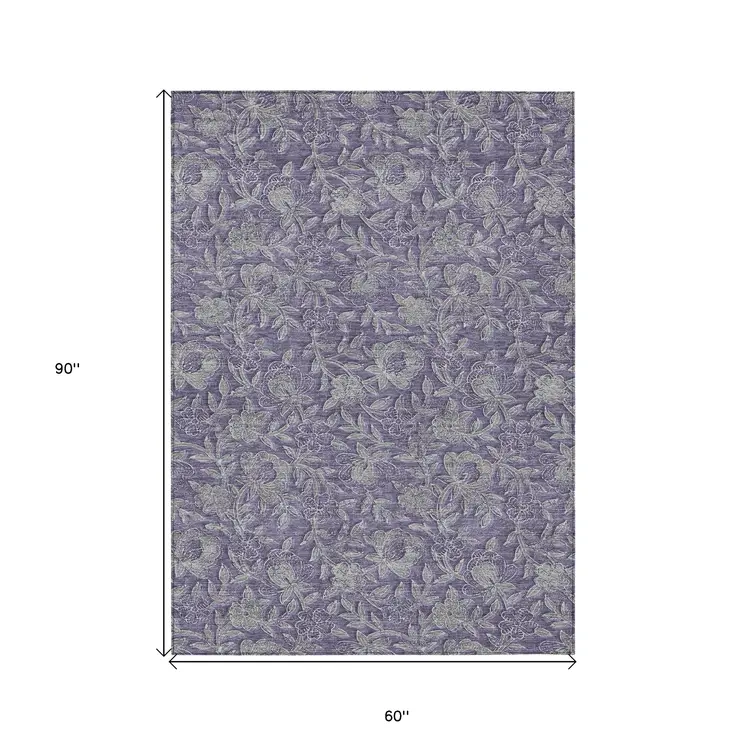 5' X 8' Eggplant Purple And Gray Floral Washable Indoor Outdoor Area Rug