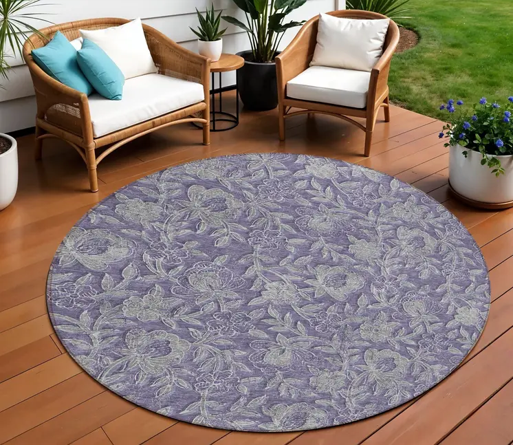 8' Eggplant Purple And Gray Round Floral Washable Indoor Outdoor Area Rug