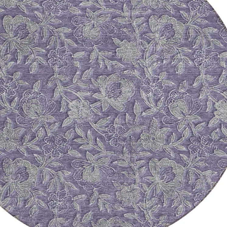 8' Eggplant Purple And Gray Round Floral Washable Indoor Outdoor Area Rug