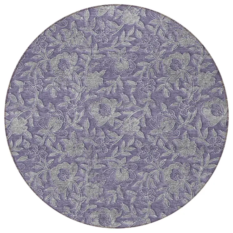 8' Eggplant Purple And Gray Round Floral Washable Indoor Outdoor Area Rug