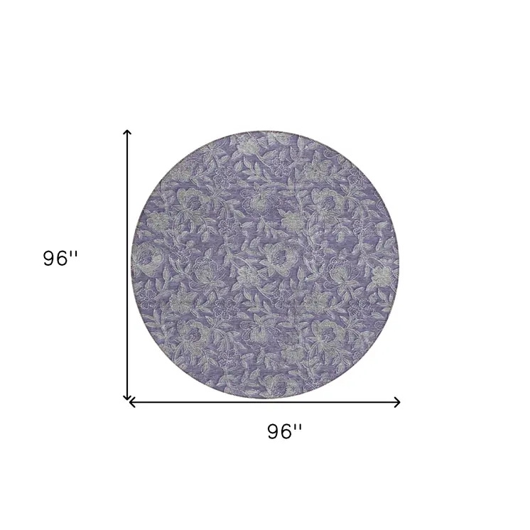 8' Eggplant Purple And Gray Round Floral Washable Indoor Outdoor Area Rug