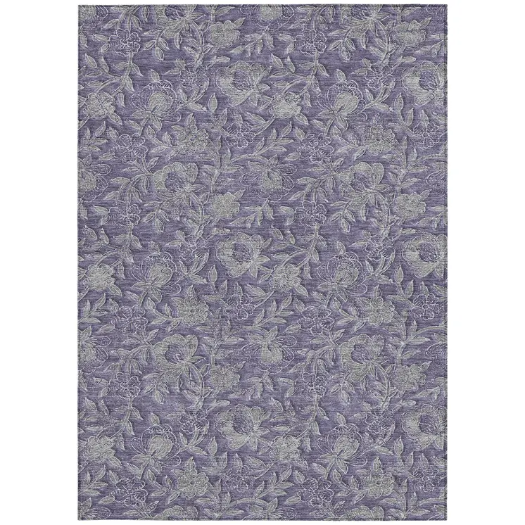 8' X 10' Eggplant Purple And Gray Floral Washable Indoor Outdoor Area Rug