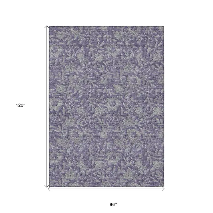 8' X 10' Eggplant Purple And Gray Floral Washable Indoor Outdoor Area Rug