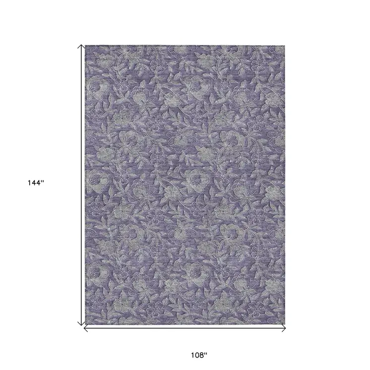 9' X 12' Eggplant Purple And Gray Floral Washable Indoor Outdoor Area Rug