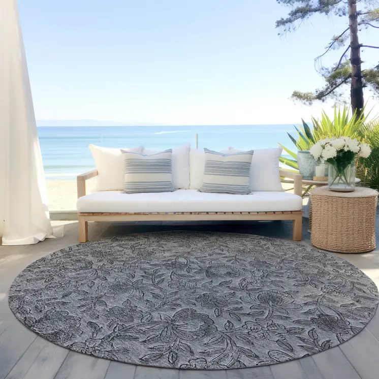 8' Gray Charcoal And Silver Round Floral Washable Indoor Outdoor Area Rug