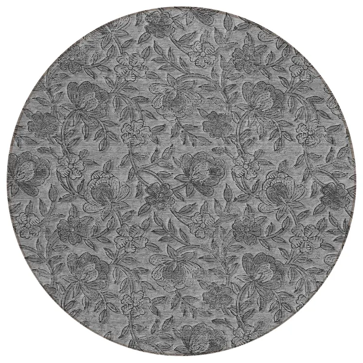 8' Gray Charcoal And Silver Round Floral Washable Indoor Outdoor Area Rug