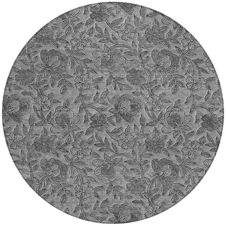 8' Gray Charcoal And Silver Round Floral Washable Indoor Outdoor Area Rug