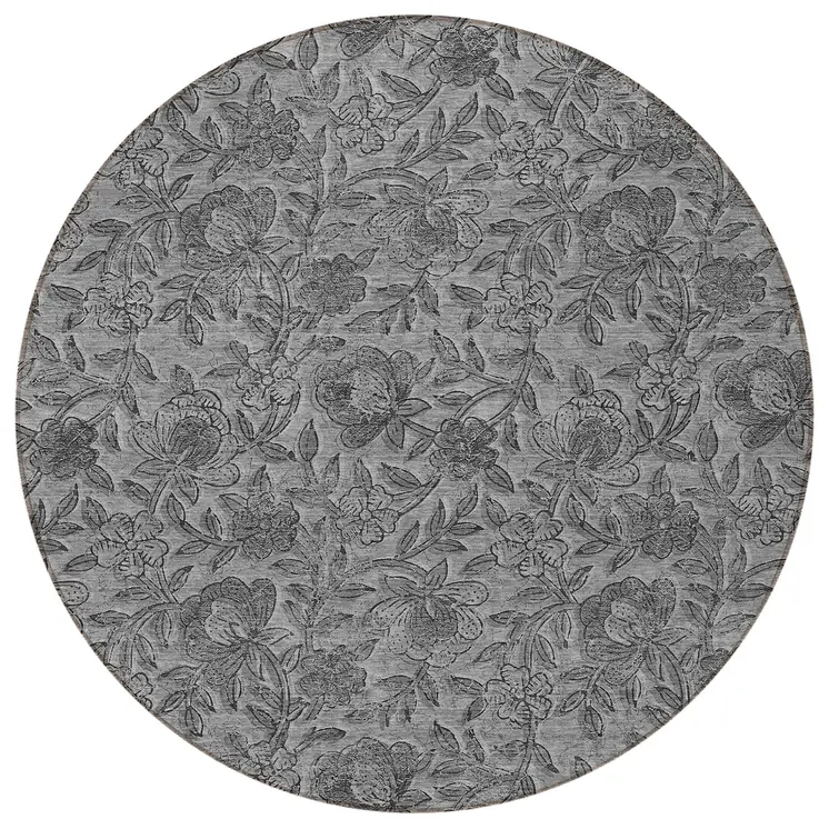 8' Gray Charcoal And Silver Round Floral Washable Indoor Outdoor Area Rug