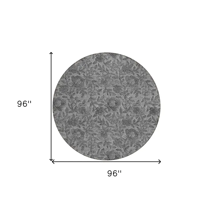 8' Gray Charcoal And Silver Round Floral Washable Indoor Outdoor Area Rug