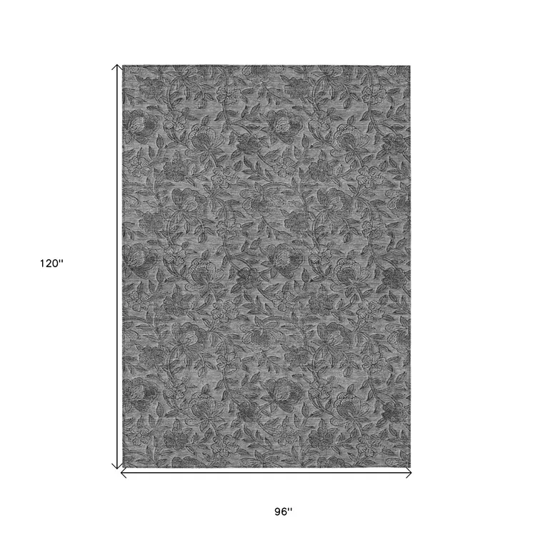 8' X 10' Gray Charcoal And Silver Floral Washable Indoor Outdoor Area Rug