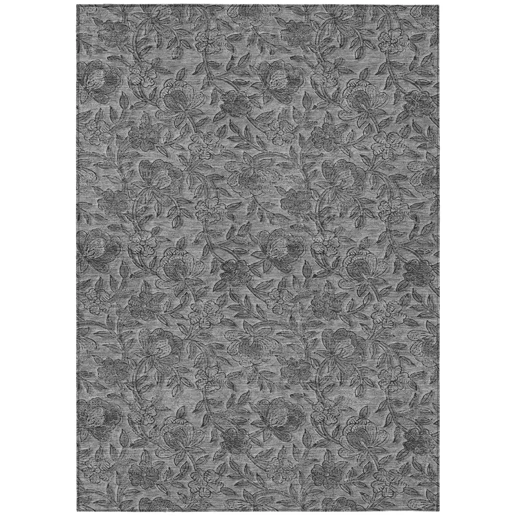 8' X 10' Gray Charcoal And Silver Floral Washable Indoor Outdoor Area Rug