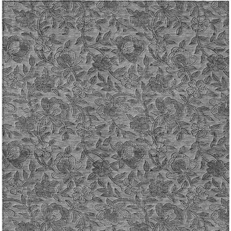 10' X 14' Gray Charcoal And Silver Floral Washable Indoor Outdoor Area Rug