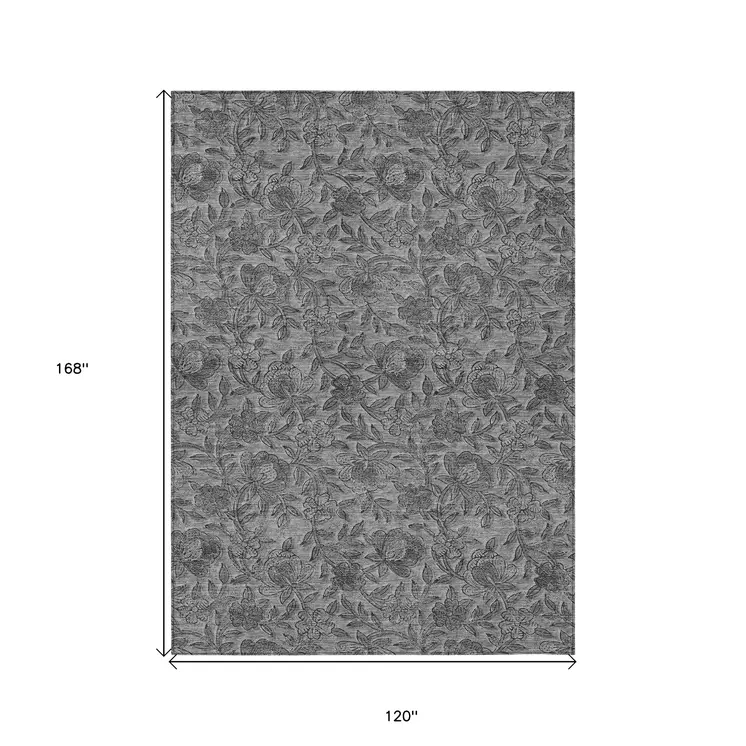 10' X 14' Gray Charcoal And Silver Floral Washable Indoor Outdoor Area Rug