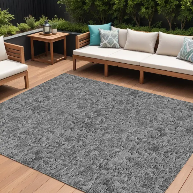 10' X 14' Gray Charcoal And Silver Floral Washable Indoor Outdoor Area Rug