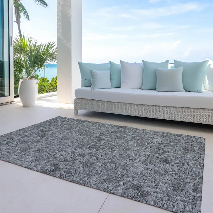 10' X 14' Gray Charcoal And Silver Floral Washable Indoor Outdoor Area Rug
