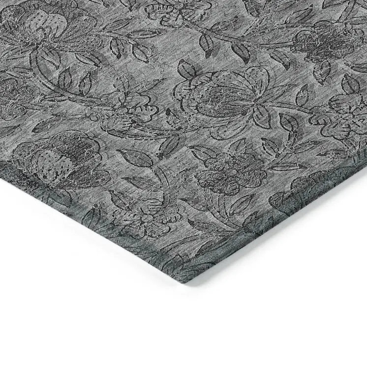 10' X 14' Gray Charcoal And Silver Floral Washable Indoor Outdoor Area Rug
