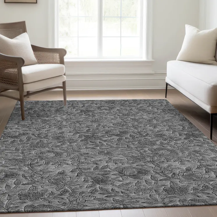 10' X 14' Gray Charcoal And Silver Floral Washable Indoor Outdoor Area Rug