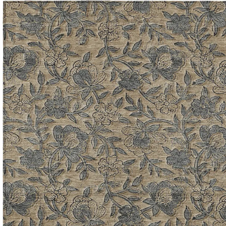 3' X 5' Khaki Beige And Gray Floral Washable Indoor Outdoor Area Rug