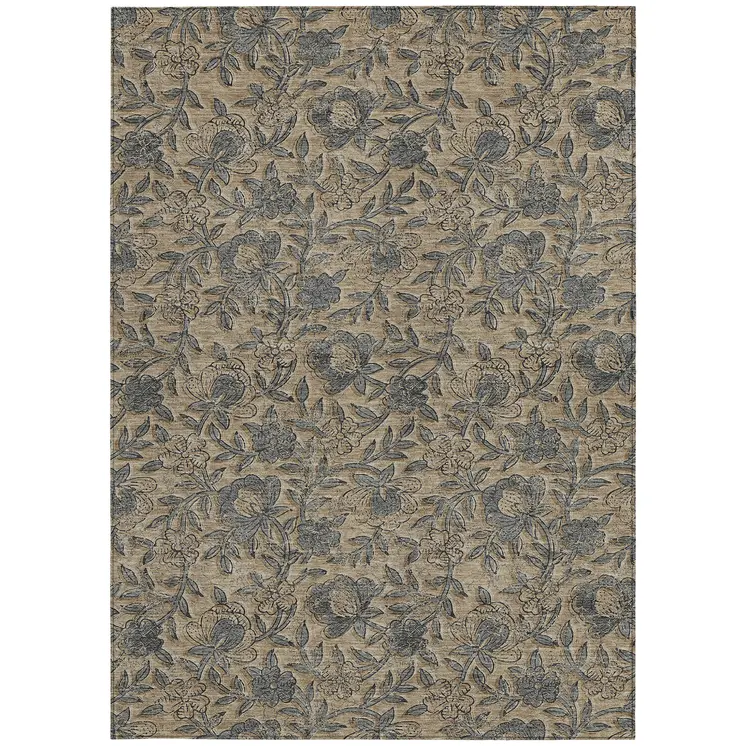 5' X 8' Khaki Beige And Gray Floral Washable Indoor Outdoor Area Rug