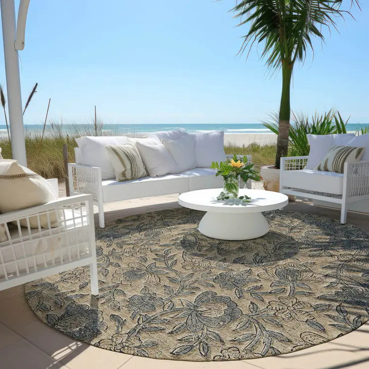 8' Khaki Beige And Gray Round Floral Washable Indoor Outdoor Area Rug