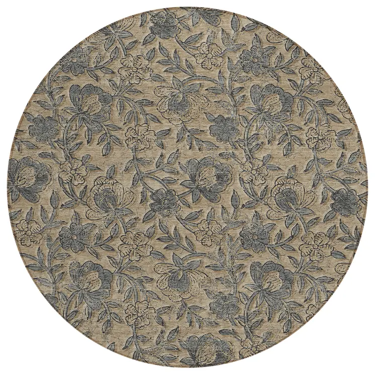 8' Khaki Beige And Gray Round Floral Washable Indoor Outdoor Area Rug