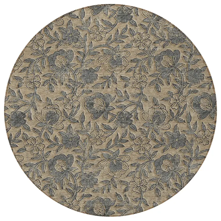 8' Khaki Beige And Gray Round Floral Washable Indoor Outdoor Area Rug