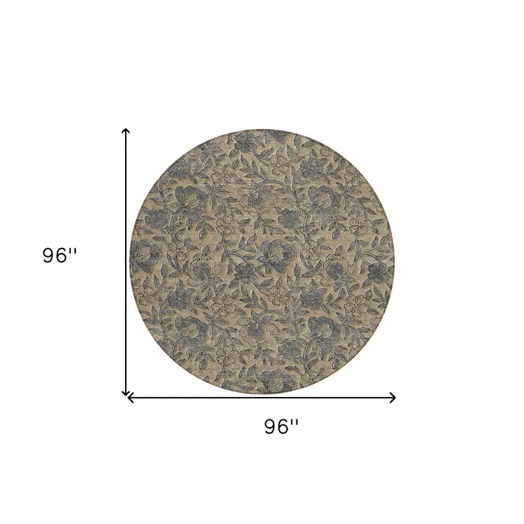 8' Khaki Beige And Gray Round Floral Washable Indoor Outdoor Area Rug
